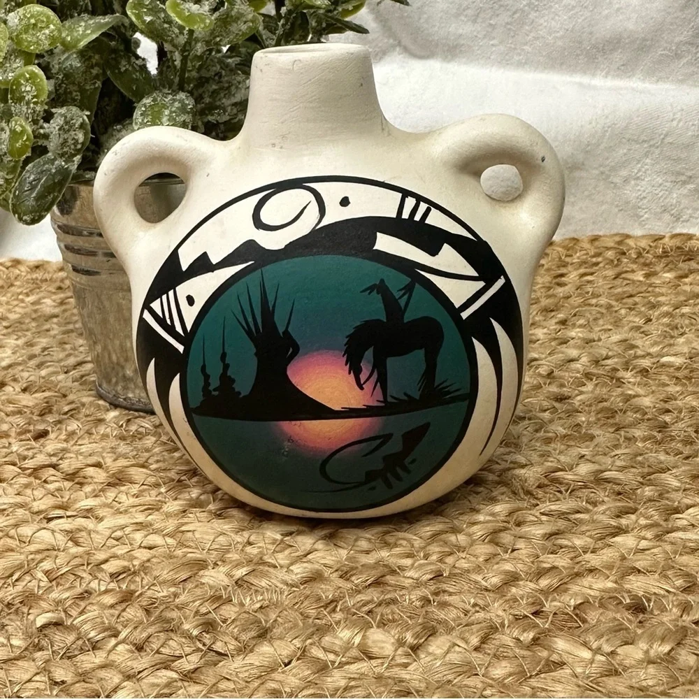 Native American Horse & Rider Navajo Water Vessel‎ Vase Jug Pottery